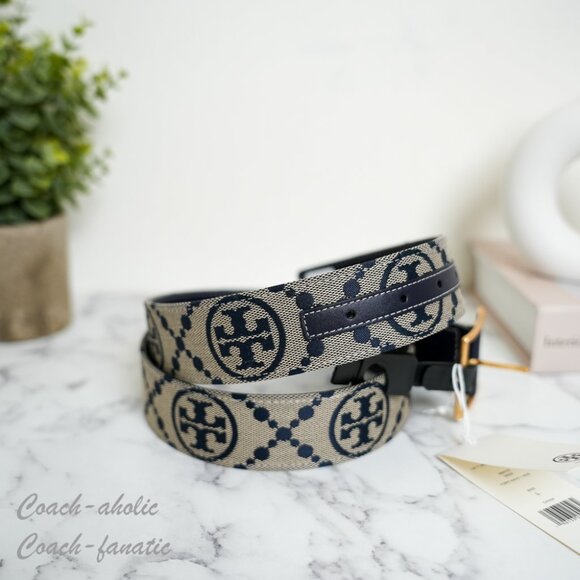 NWT Tory Burch 88072 1.5" T Monogram Logo Jacquard Leather Belt Size M/L - Picture 5 of 6